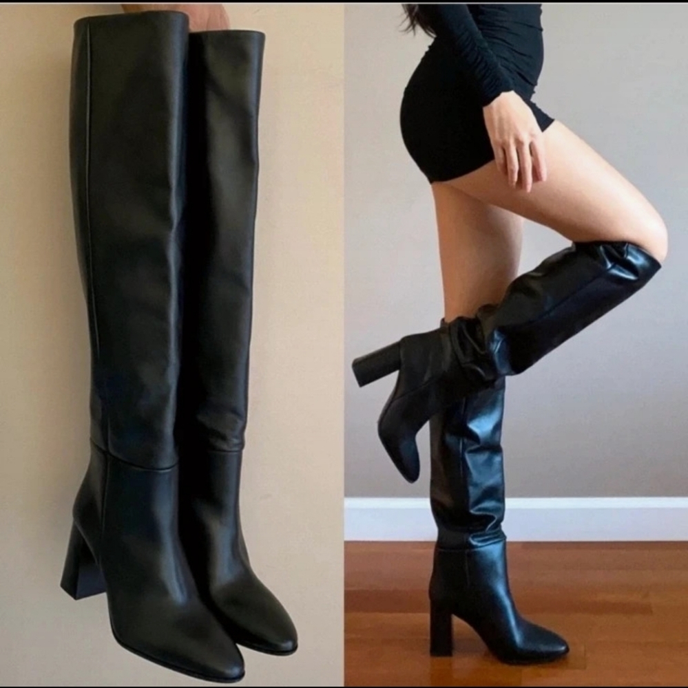 Zara heeled leather knee high boots black